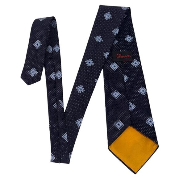 Charvet Silk Necktie Mens Blue Geometric Squares Pattern Formal Business - Picture 2 of 3